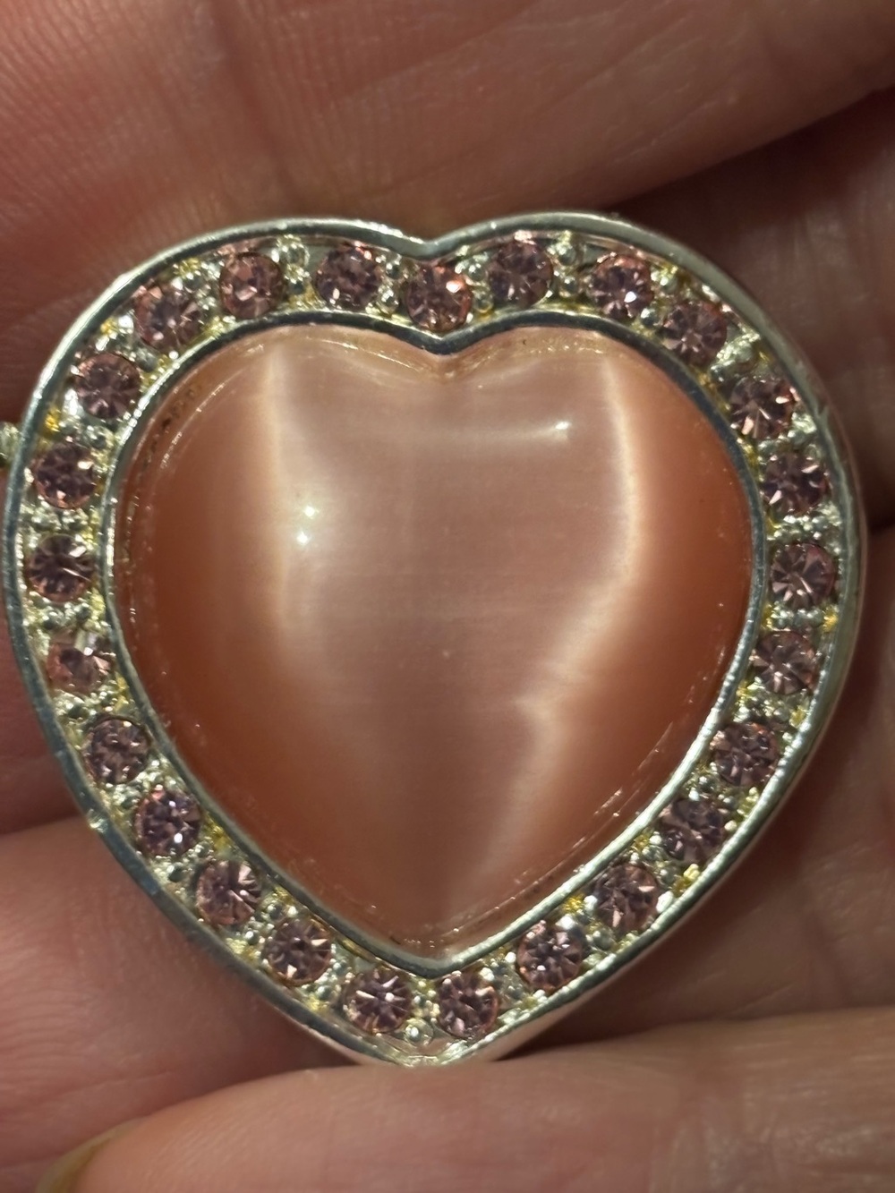 Pink Heart Cats Eye Pendant with Pink Crystal Accents